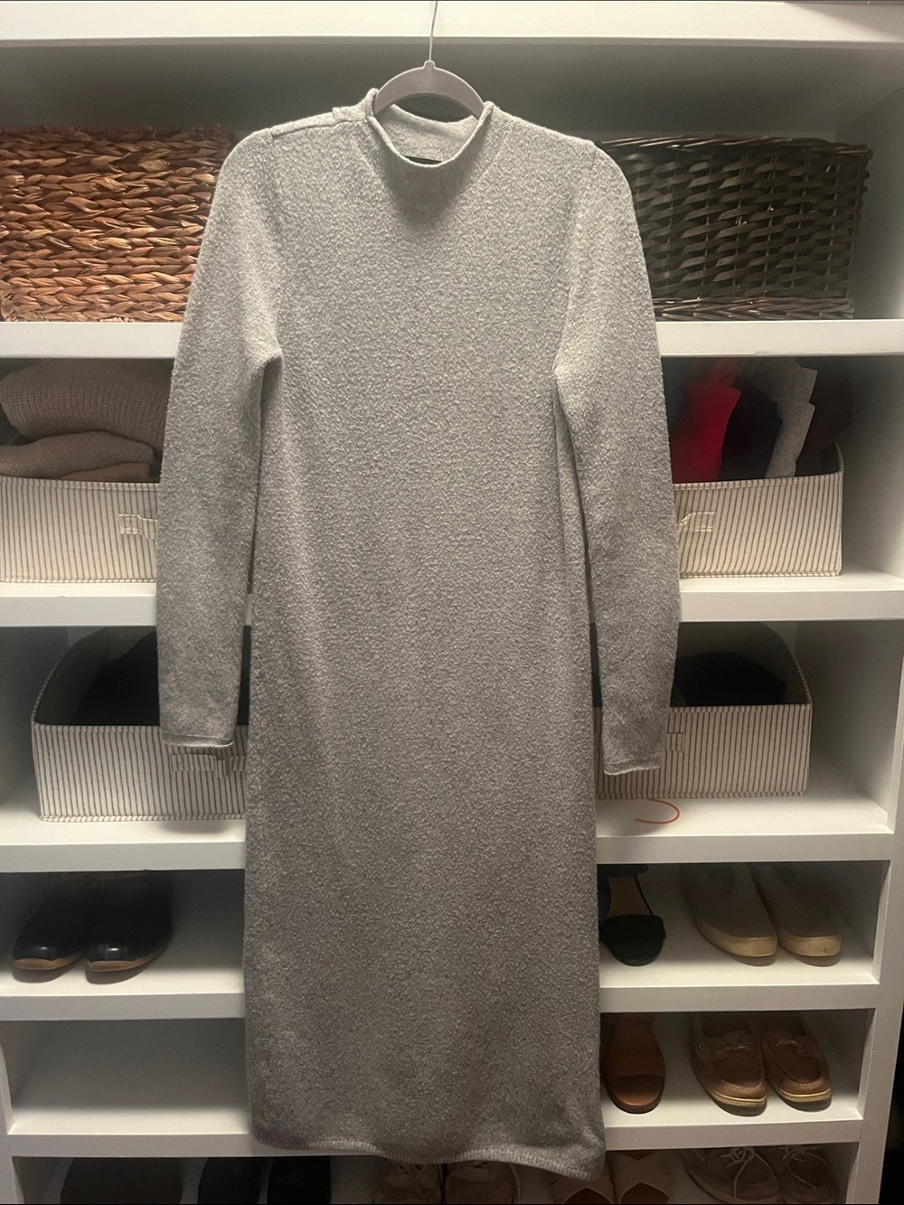 Mango Tall Light Gray Long Sleeve Mock Neck Knit Dress